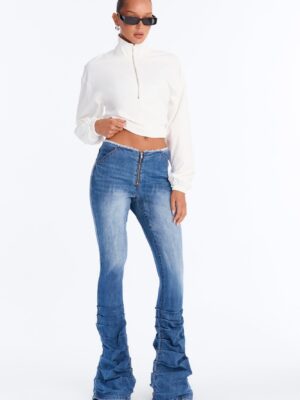 Night Owl Cut Off Waistband Stacked Low Rise Flare Jeans - Vintage Wash