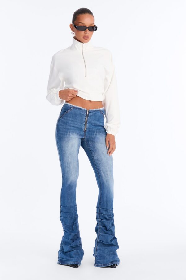 Night Owl Cut Off Waistband Stacked Low Rise Flare Jeans - Vintage Wash