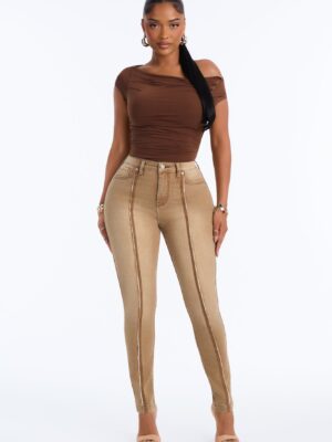 No Disruption High Rise Seamed Stretch Skinny Jeans - Tan