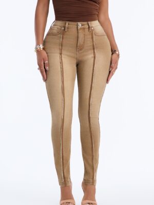 No Disruption High Rise Seamed Stretch Skinny Jeans - Tan