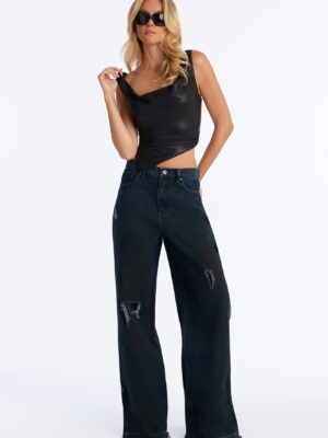 Nocturne Ripped Released Hem Wide Leg Jeans - Dark Wash