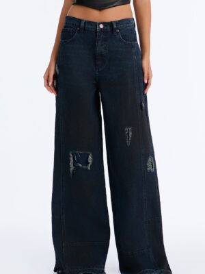 Nocturne Ripped Released Hem Wide Leg Jeans - Dark Wash
