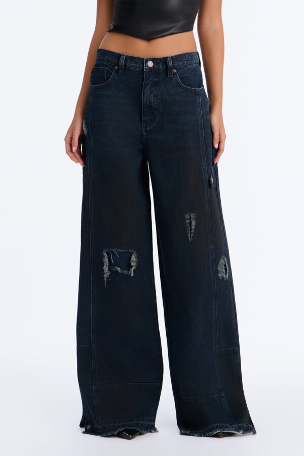 Nocturne Ripped Released Hem Wide Leg Jeans - Dark Wash