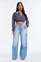 On The Move Cargo Wide Leg Jeans - Light Wash