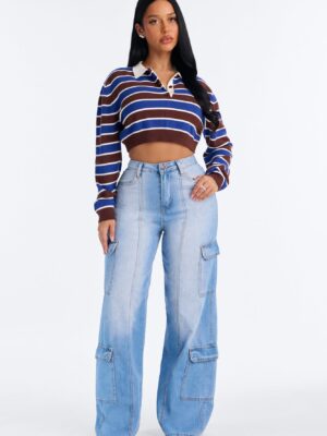 On The Move Cargo Wide Leg Jeans - Light Wash