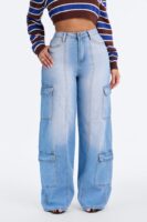 On The Move Cargo Wide Leg Jeans - Light Wash