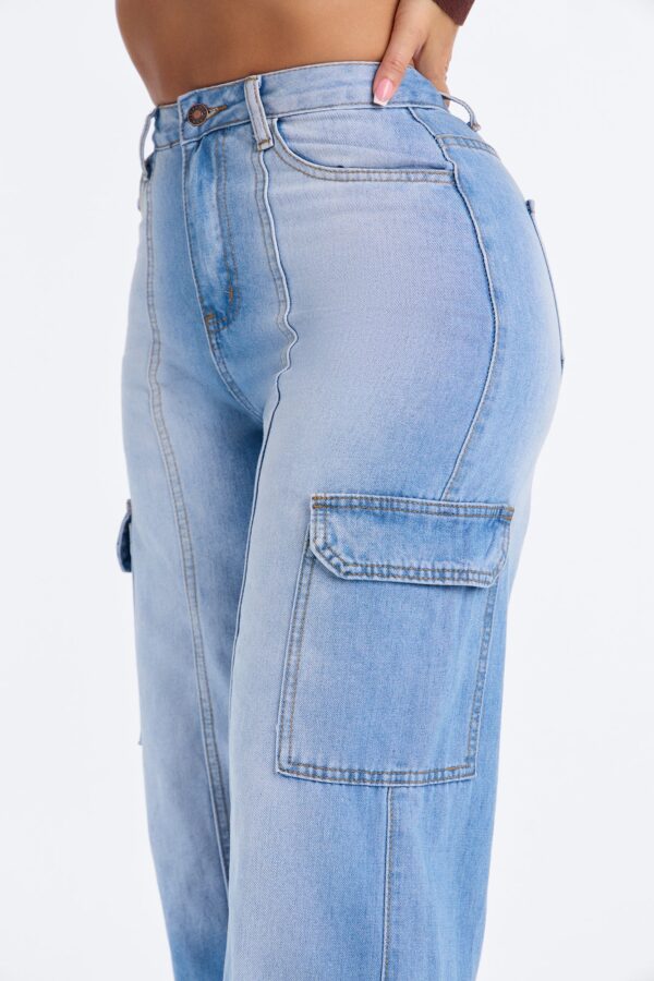 On The Move Cargo Wide Leg Jeans - Light Wash