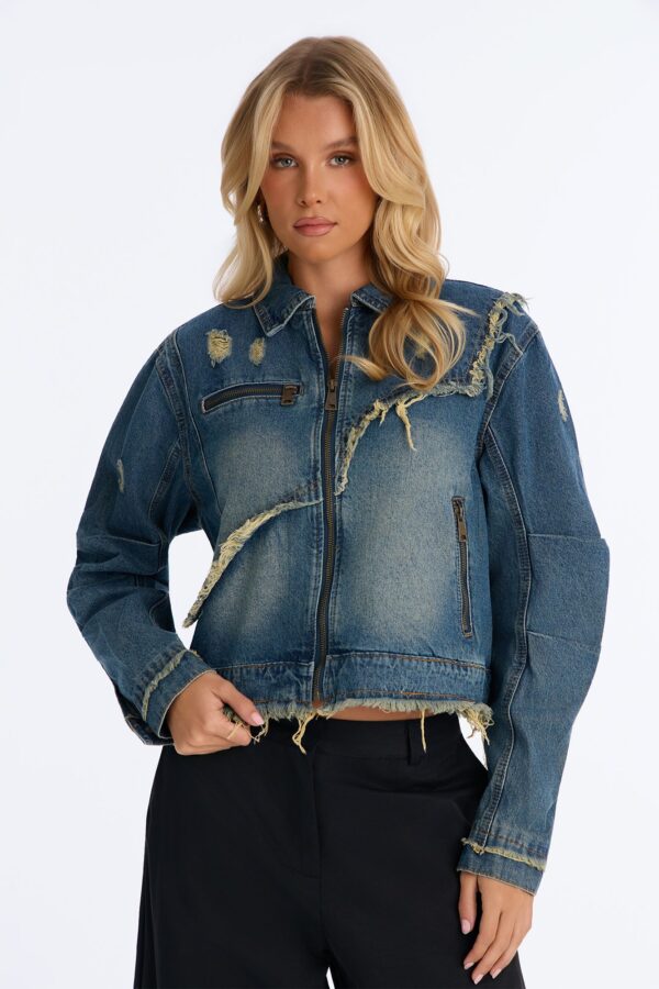 Lower East Distressed Frayed Denim Jacket - Vintage Wash