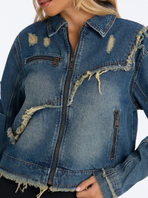Lower East Distressed Frayed Denim Jacket - Vintage Wash