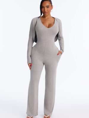 Gray V-Neck Jumpsuit