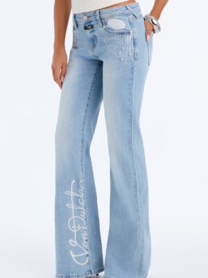 Von Dutch Embellished Low Rise Flare Jeans - Medium Wash