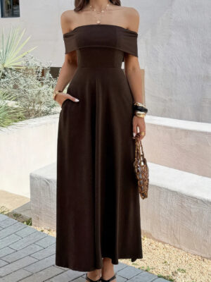Off Shoulder Solid Backless Full Elegant Dress