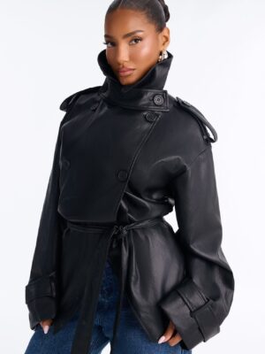 Main Character Energy Funnel Neck Trench Coat - Black