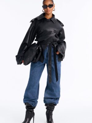 Main Character Energy Funnel Neck Trench Coat - Black