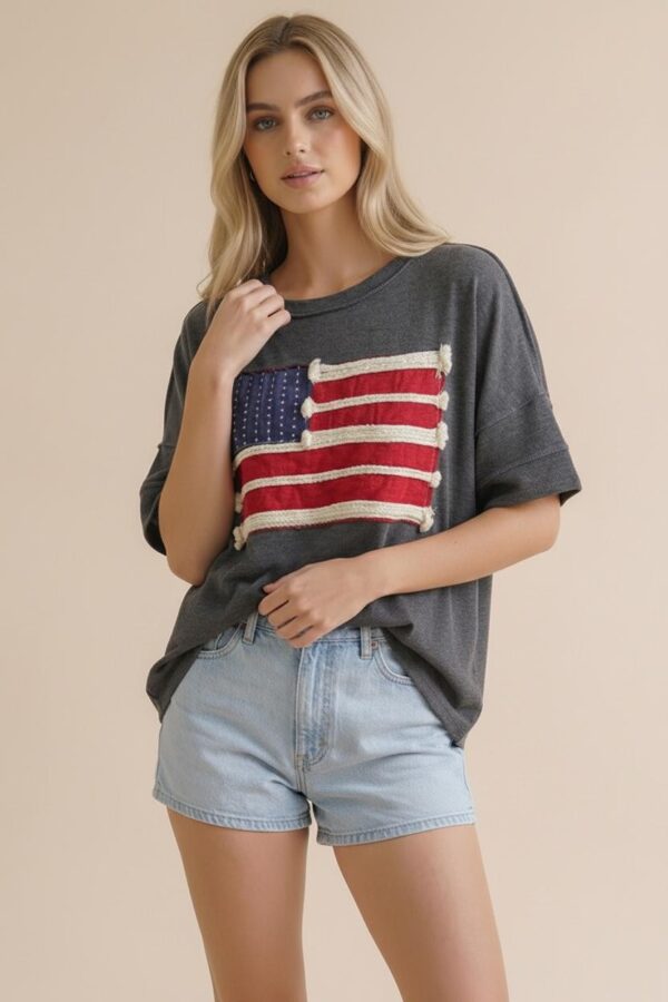 American Flag Patch Oversized Graphic Tee in Charcoal