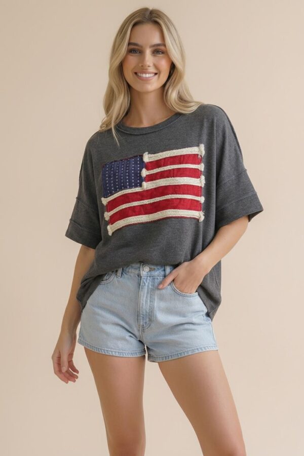 American Flag Patch Oversized Graphic Tee in Charcoal