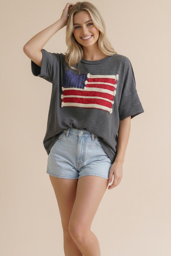 American Flag Patch Oversized Graphic Tee in Charcoal