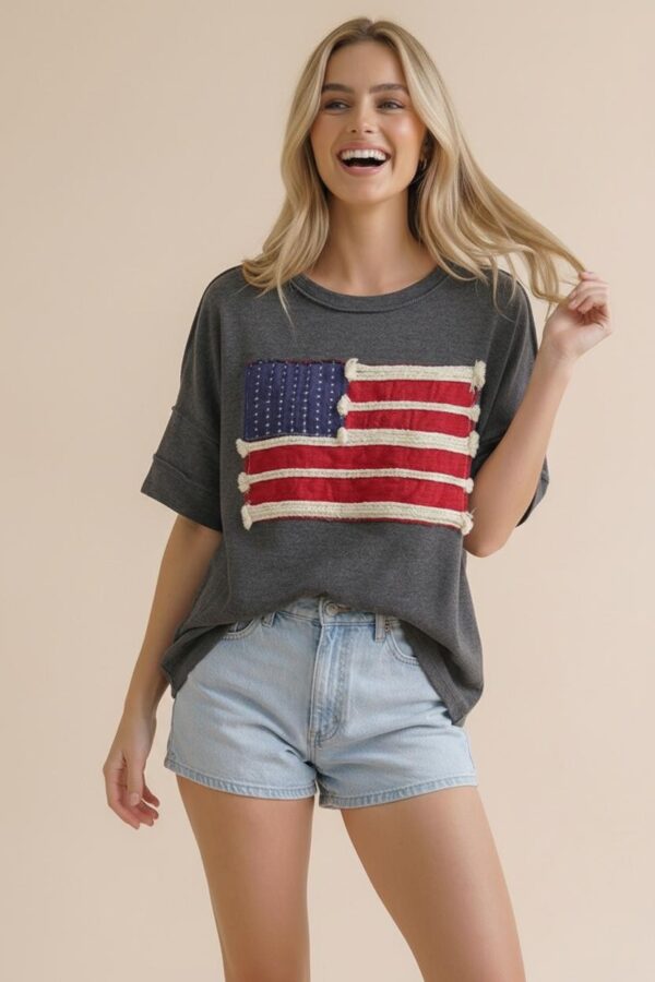 American Flag Patch Oversized Graphic Tee in Charcoal