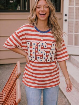 USA Chenille Patch Striped Graphic Tee