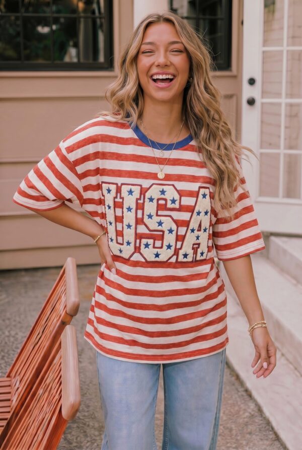USA Chenille Patch Striped Graphic Tee