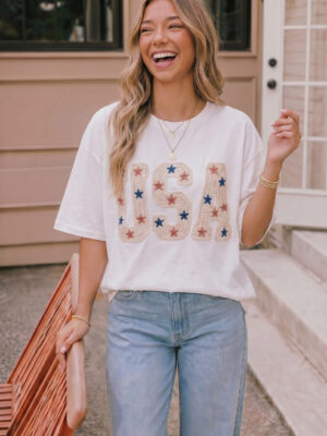 USA Crochet Patch Graphic Tee in White