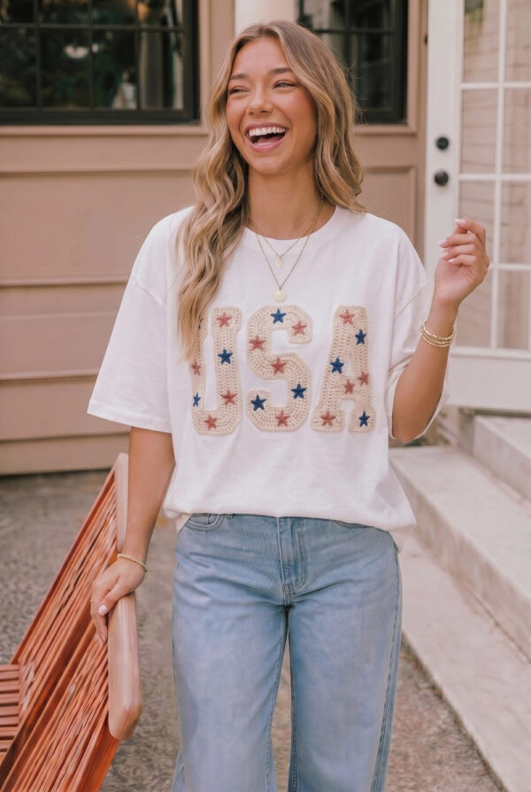 USA Crochet Patch Graphic Tee in White