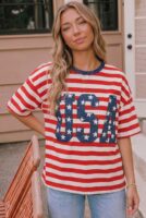 USA Star Patch Red White Stripe Tee