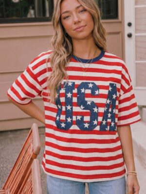 USA Star Patch Red White Stripe Tee