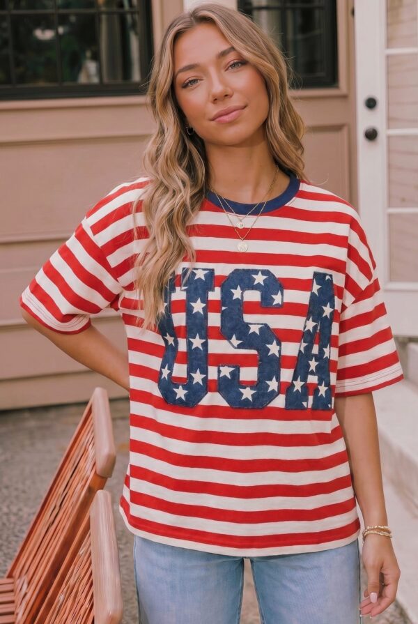 USA Star Patch Red White Stripe Tee