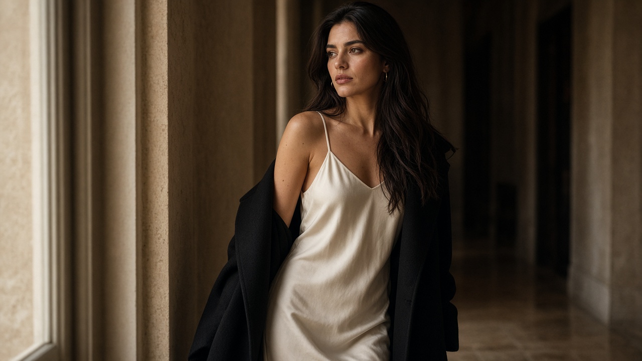 LadiesKit campaign portrait of a woman in an ivory silk dress and black coat